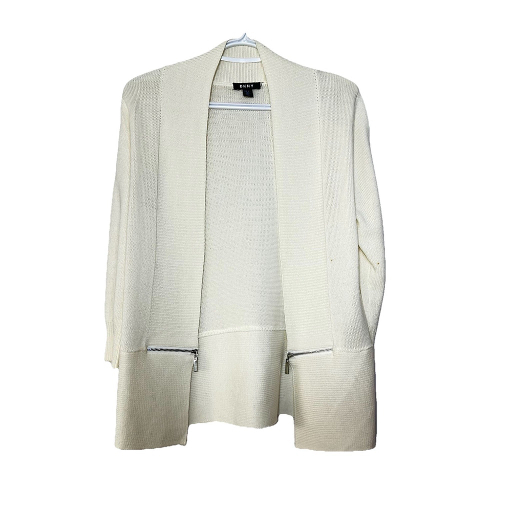 Vintage 80s DKNY Cozy White Cotton Knit Open Cardigan Zipper Detail Size Medium